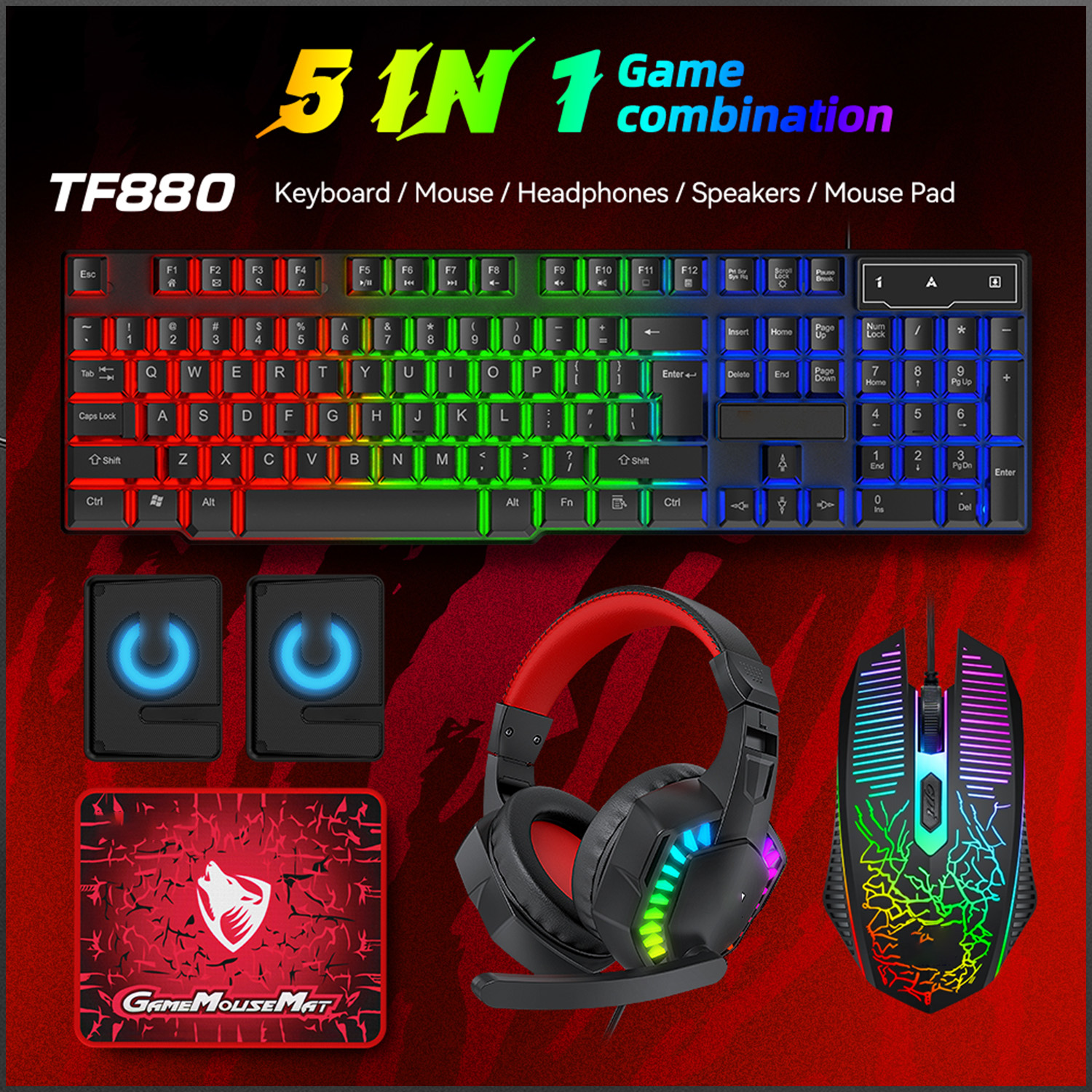 Gaming Accessories Combo - 5-in-1 Set Gaming Combo Keyboard 4-color